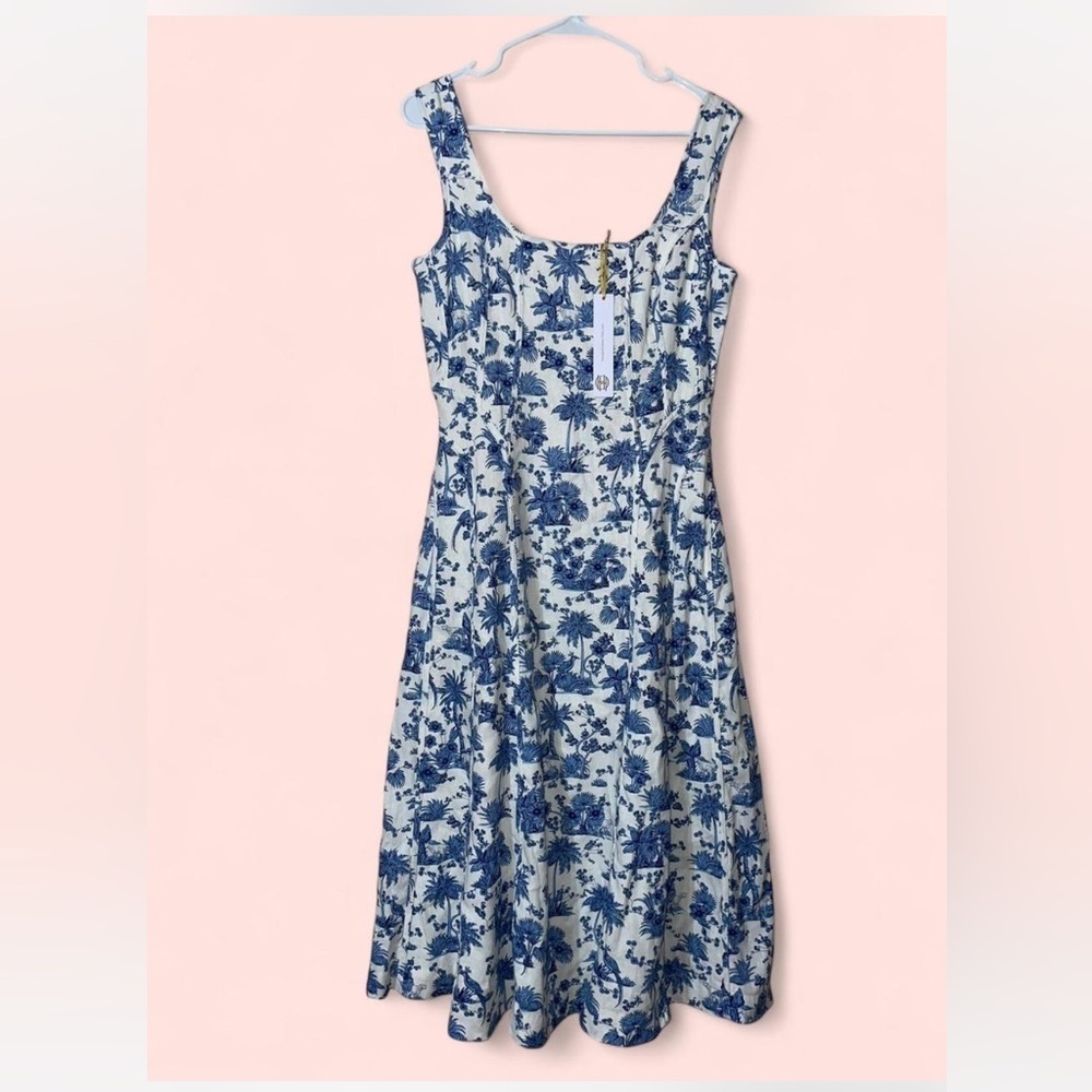 Nwt House Of Harlow 1960 Linen Blend Repeat Midi Dress W/ Detailed Stitching, S